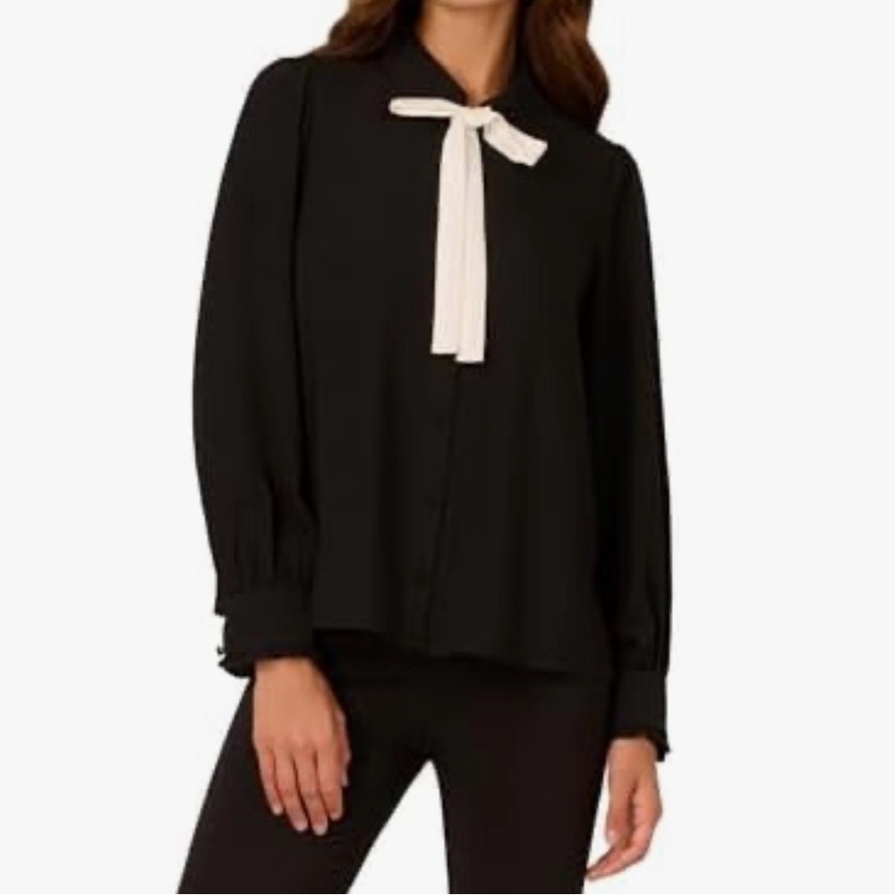 Adrianna Papell Black Blouse with White Bow and Pearl Buttons. NWT. Size Small